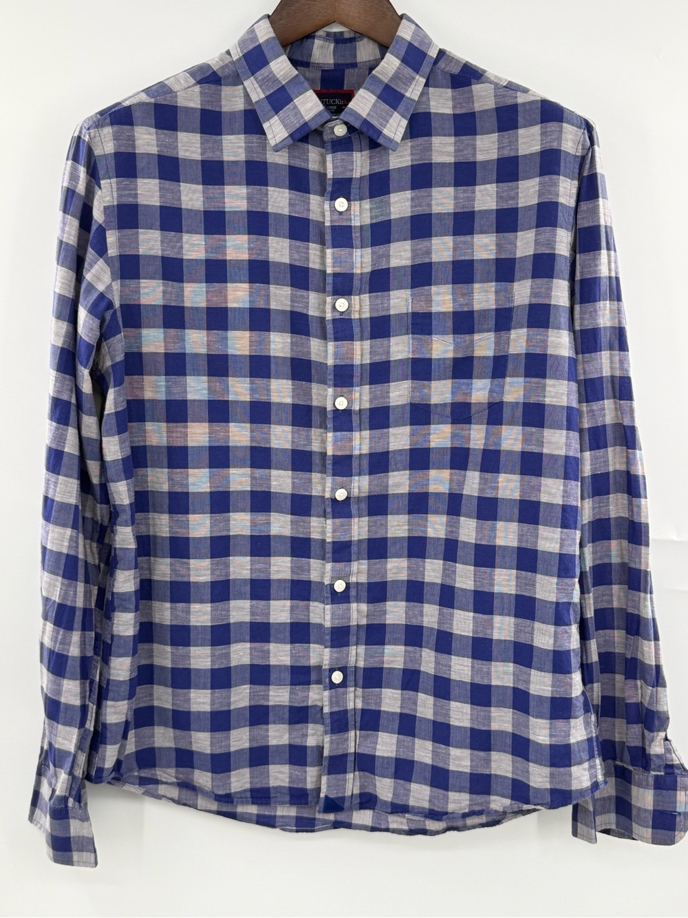 UNTUCKit Anderson Shirt Mens Large Slim Fit Blue Plaid Cotton Linen Button Down